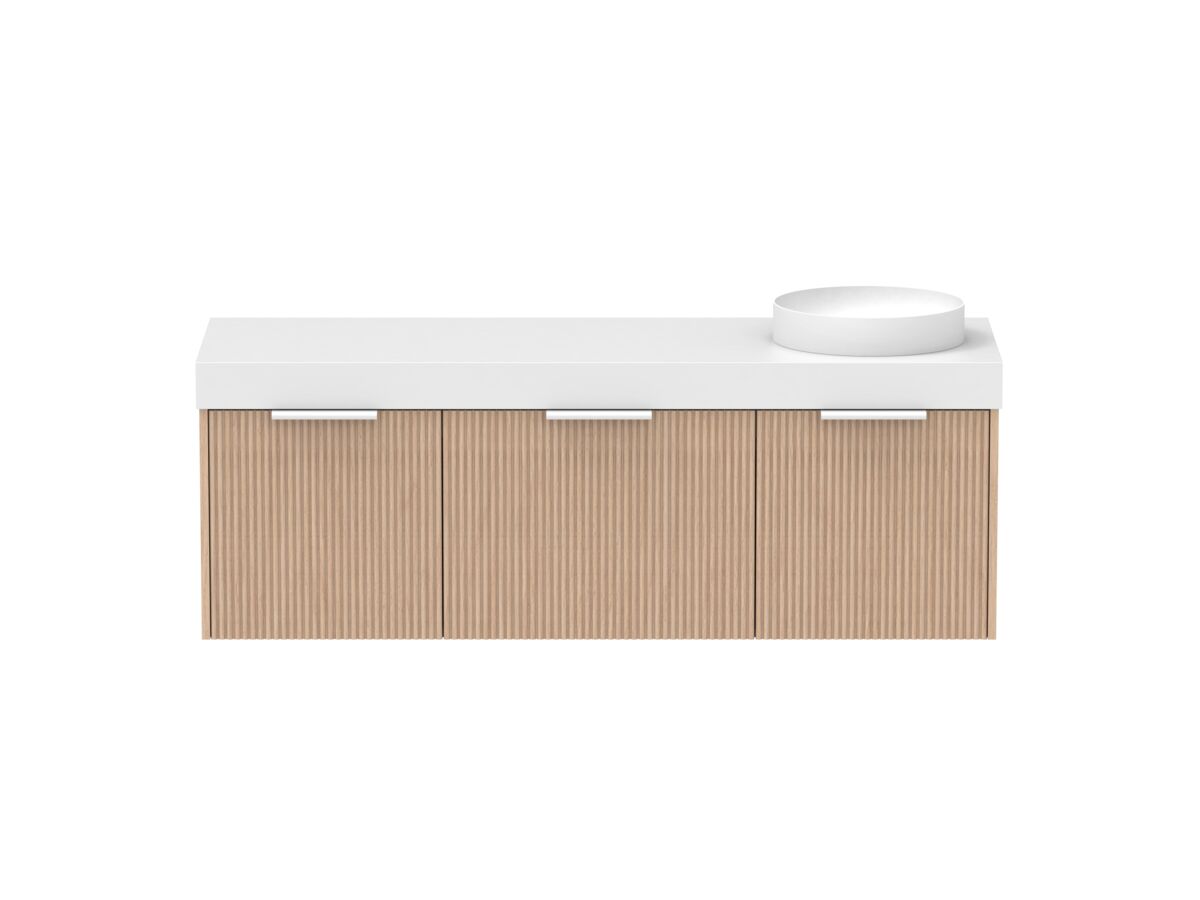 Supporting Image - Kado Neue Fluted Square All Drawer 1500mm Wall Hung Vanity with Right Hand Basin 90mm Top Blonde Oak