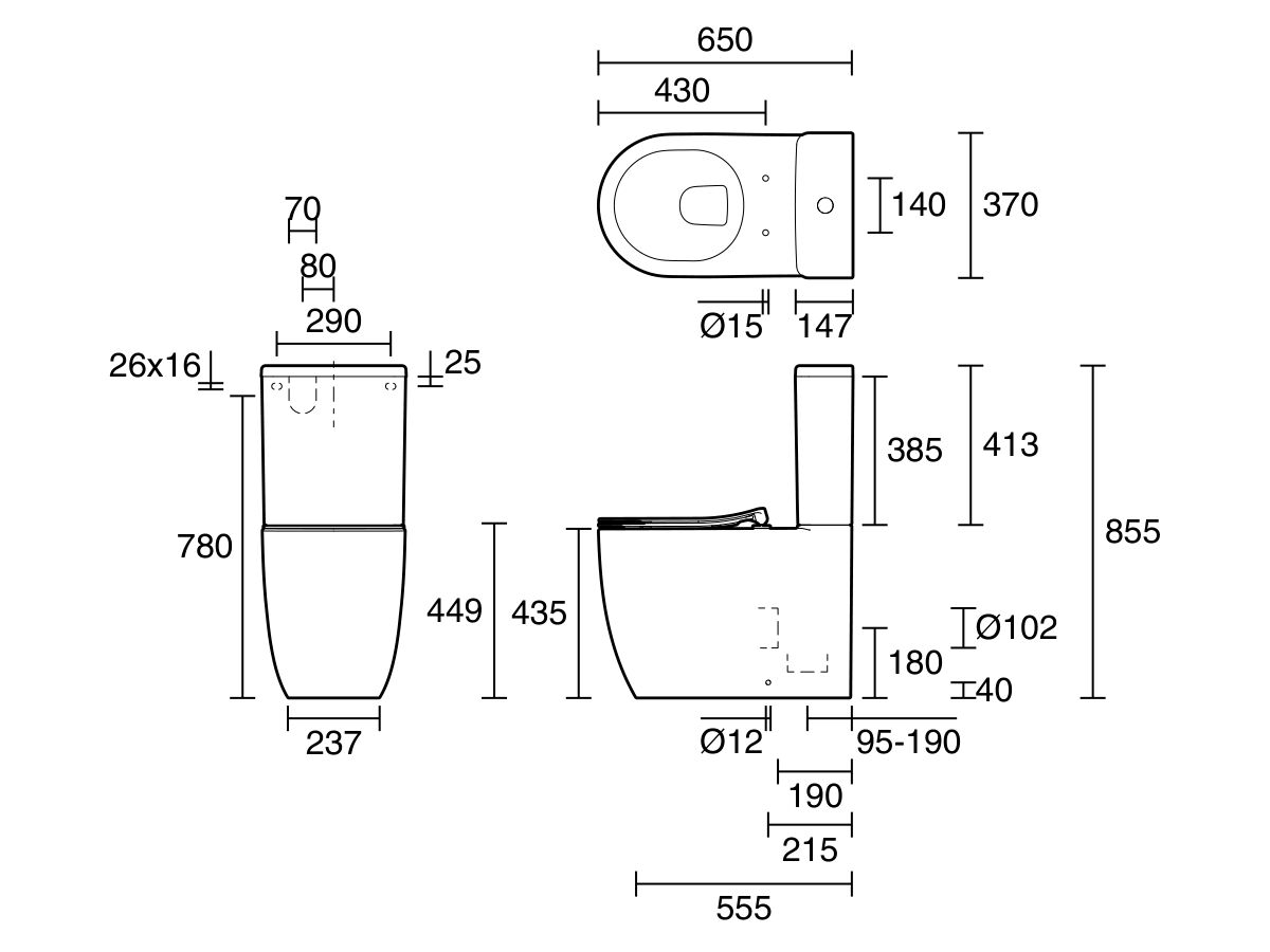 Technical Drawing - Kado Lussi Rimless Close Coupled Back to Wall Rimless Overheight Back Inlet Toilet Suite with Soft Close Quick Release Seat White (4 Star)
