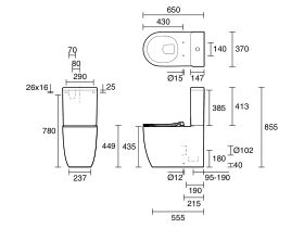Technical Drawing - Kado Lussi Rimless Close Coupled Back to Wall Rimless Overheight Back Inlet Toilet Suite with Soft Close Quick Release Seat White (4 Star)
