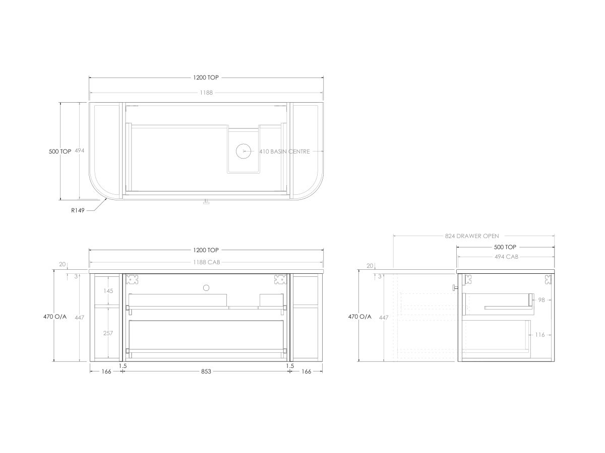 Technical Drawing - Kado Era Double Curve All Drawer 1200mm Wall Hung Vanity with Right Hand Basin 20mm Top