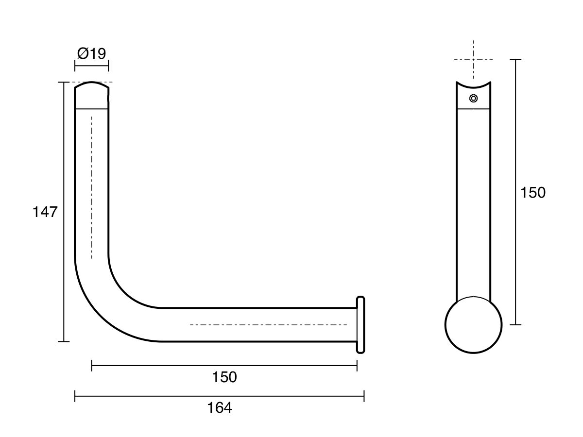 Technical Drawing - Mizu Drift Grab Rail Toilet Roll Holder Add-On Screw Connection Right Hand