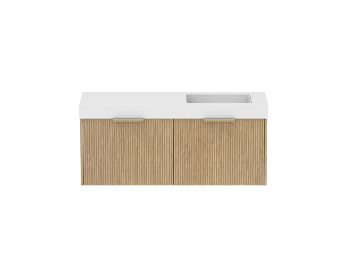 Supporting Image - Kado Neue Fluted Square All Drawer 1200mm Wall Hung Vanity with Right Hand Basin 90mm Top Boston Oak