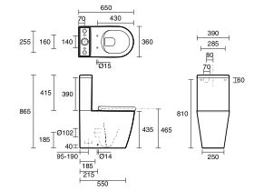 Technical Drawing - Kado Lux Close Coupled Back To Wall Rimless Plus Overheight Back Inlet Toilet Suite with Soft Close Quick Release Seat White (4 Star)
