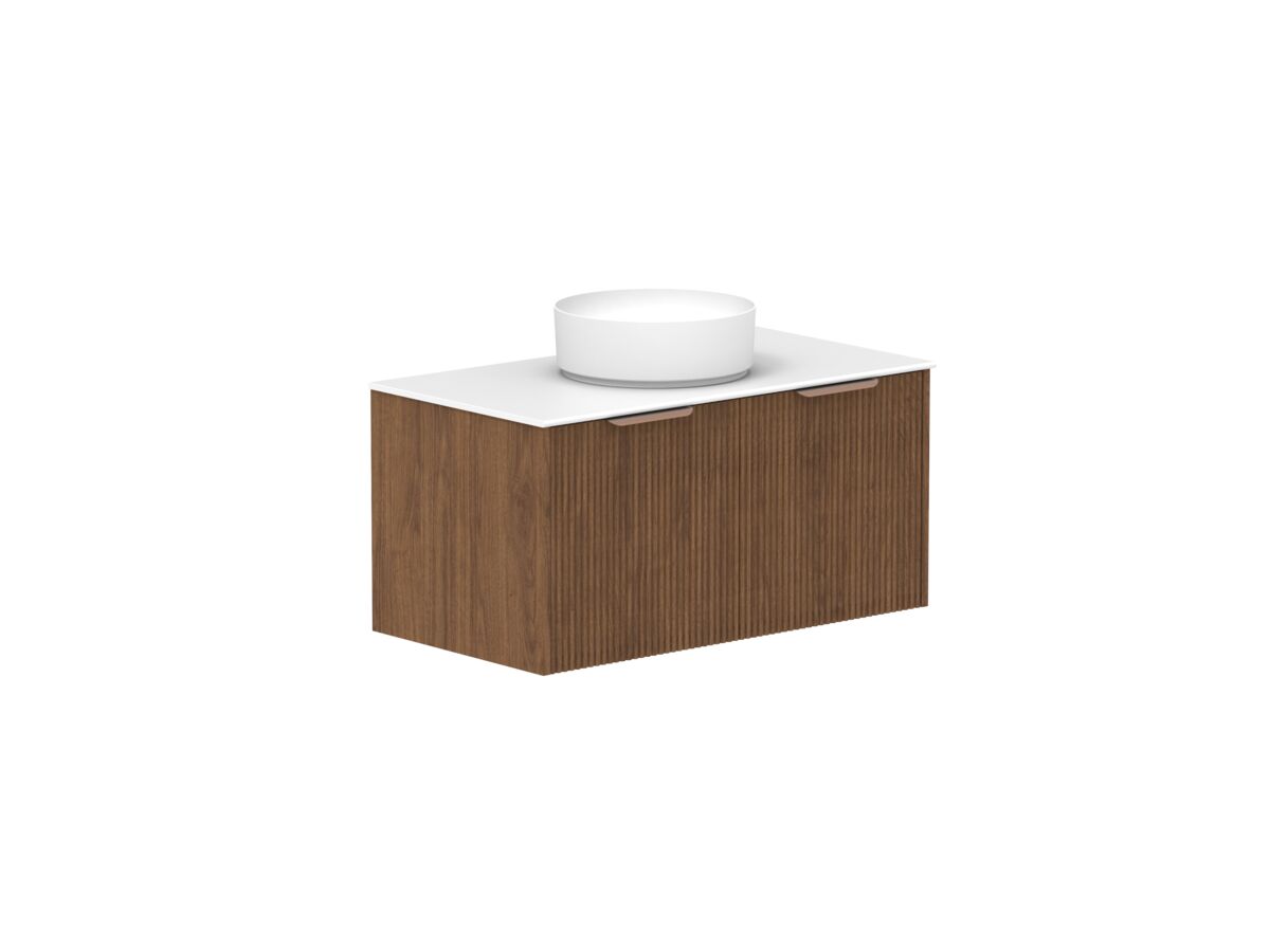 Hero - Kado Neue Fluted Square All Drawer 900mm Wall Hung Vanity with Centre Basin Durasein 12mm Top Florentine Walnut