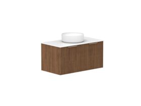 Hero - Kado Neue Fluted Square All Drawer 900mm Wall Hung Vanity with Centre Basin Durasein 12mm Top Florentine Walnut