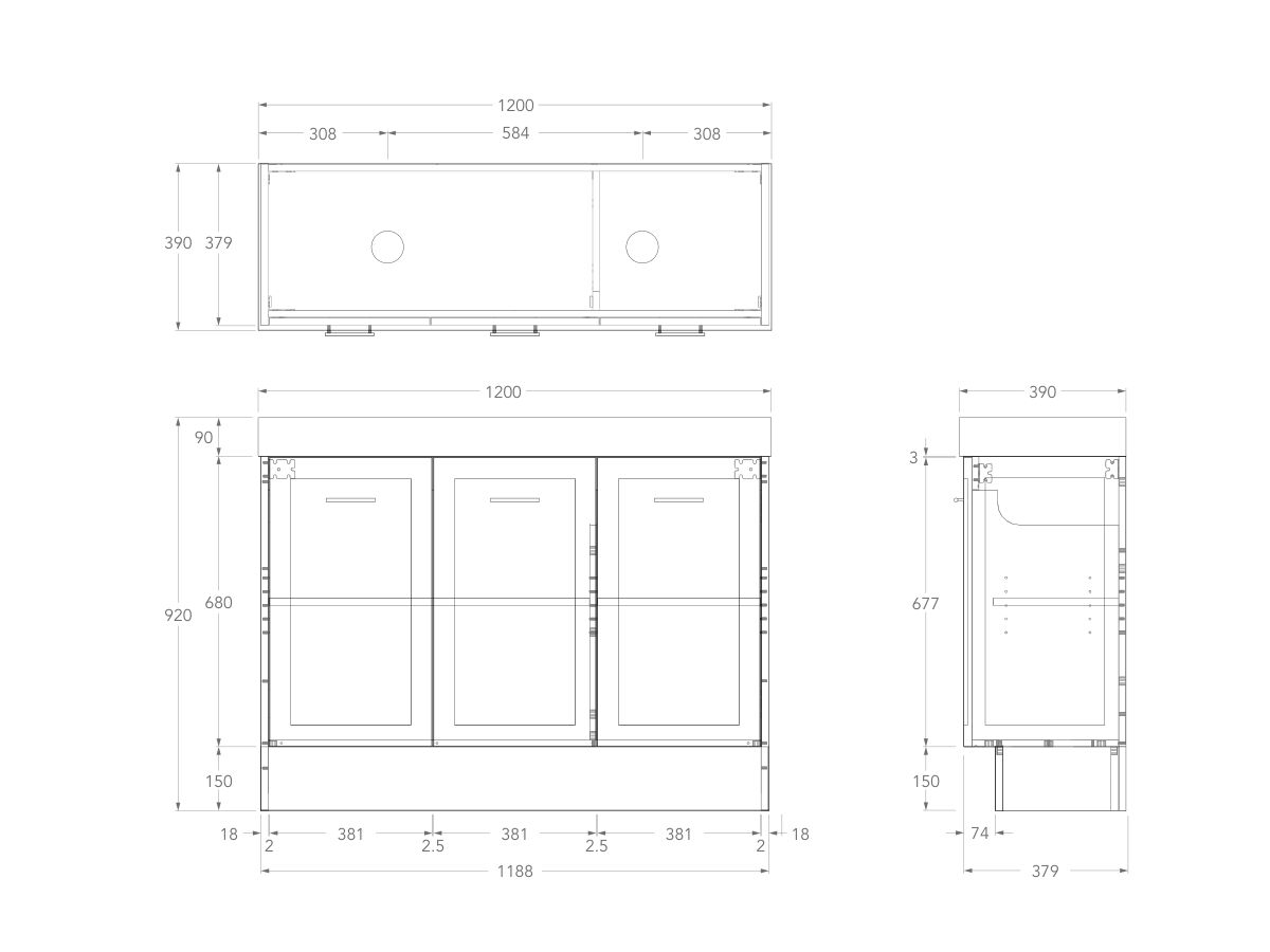 Technical Drawing - Kado Lux Ensuite All Door 1200mm Floor Mount Double Basin 90mm Top