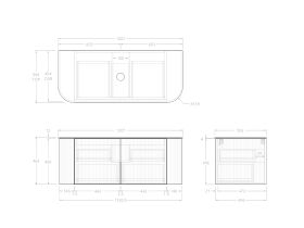 Technical Drawing - Kado Neue Fluted Double Curve All Drawer 1200 Wall Hung Vanity with Centre Basin Durasein 12mm Top