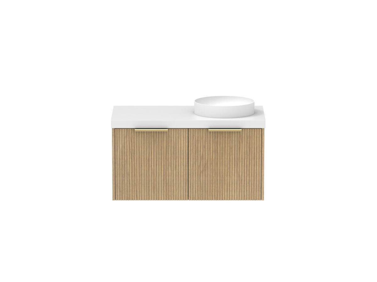 Supporting Image - Kado Neue Fluted Square 900mm Wall Hung Vanity with Right Basin 50mm Top Boston Oak