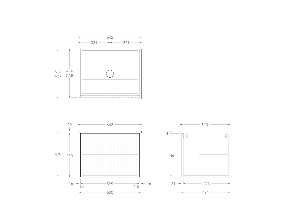 Technical Drawing - Kado Neue Fluted Square All Door 600mm Wall Hung Vanity with Centre Basin 20mm Top