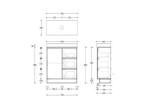 Technical Drawing - Posh Domaine 750mm Ensuite Floor Mount Vanity Unit 90mm Top