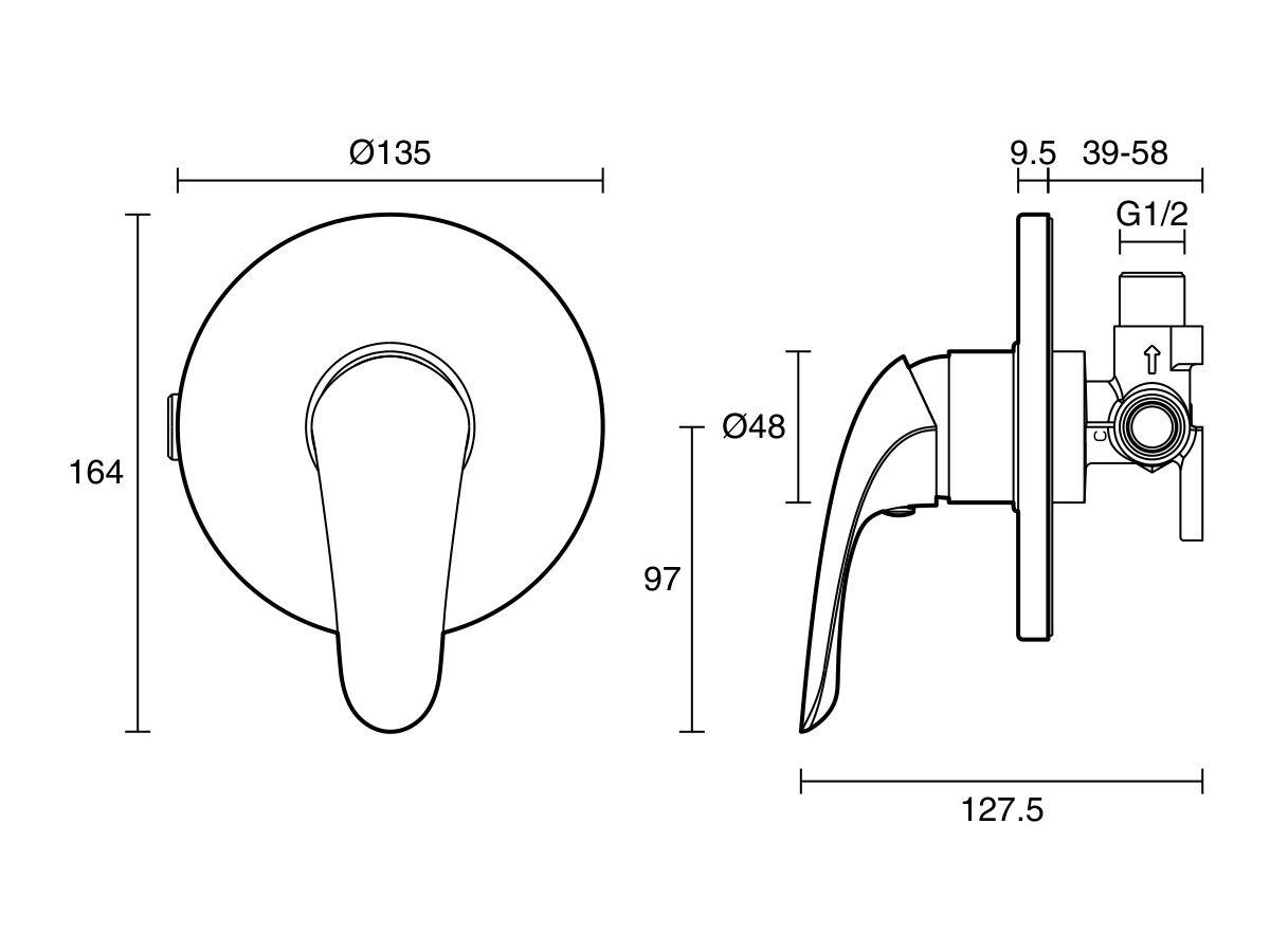 Technical Drawing - Posh Bristol Mk2 Shower Mixer Tap All Pressure with 135mm Cover Plate Chrome Lead Free