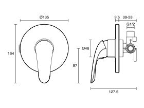 Technical Drawing - Posh Bristol Mk2 Shower Mixer Tap All Pressure with 135mm Cover Plate Chrome Lead Free