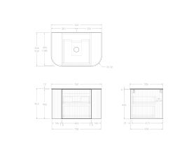 Technical Drawing - Kado Neue Fluted Double Curve All Drawer 750 Wall Hung Vanity with Centre Basin Durasein 12mm Top