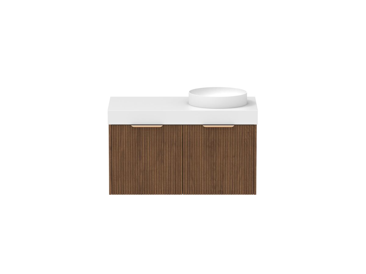 Supporting Image - Kado Neue Fluted Square 900mm Wall Hung Vanity with Right Basin 90mm Top Florentine Walnut