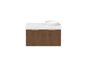 Supporting Image - Kado Neue Fluted Square 900mm Wall Hung Vanity with Right Basin 90mm Top Florentine Walnut