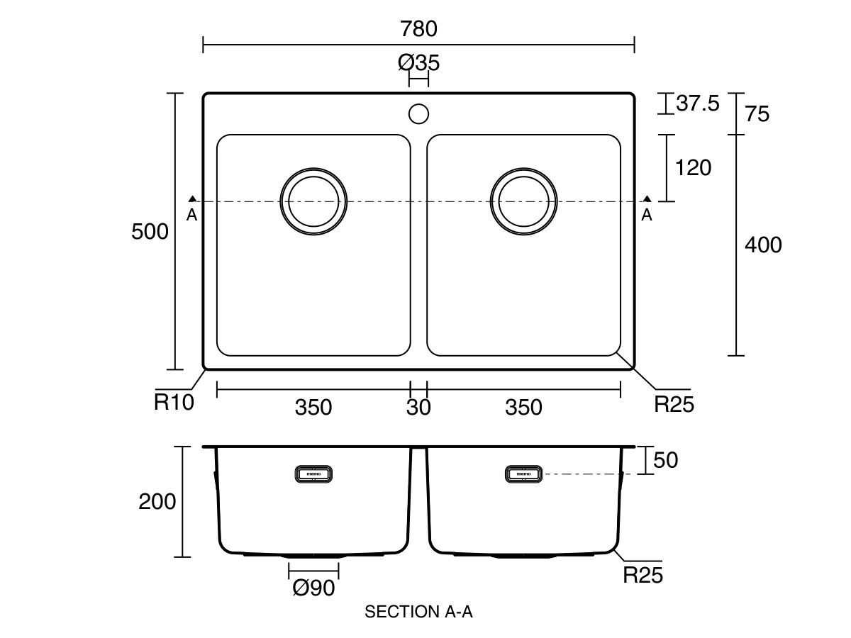 Technical Drawing - Memo Oscar Inset Double Bowl Sink Overflow 1 Taphole
