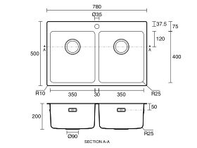 Technical Drawing - Memo Oscar Inset Double Bowl Sink Overflow 1 Taphole