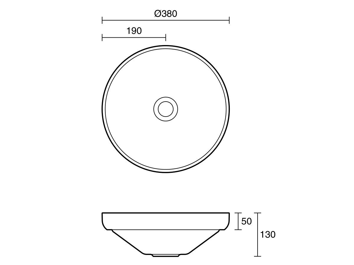 Technical Drawing - Omvivo Venice 380mm Semi Inset Basin Solid Surface White