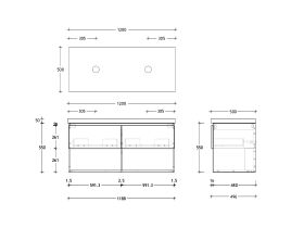 Technical Drawing - Posh Domaine 1200mm Wall Hung Vanity Unit All-Drawer Open Shelf Double Bowl 50mm Top