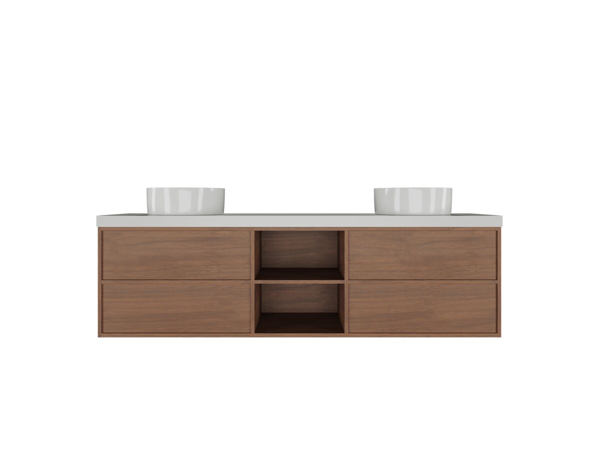 Supporting Image - Kado Aspect Shelf Vanity Unit 1800mm Double Bowl 4 Drawer Caesarstone Mineral 50mm Top - Florentine Walnut