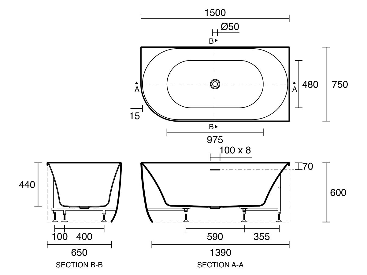 Technical Drawing - Posh Solus Back to Corner Freestanding Bath 1500mm Right Corner with Overflow