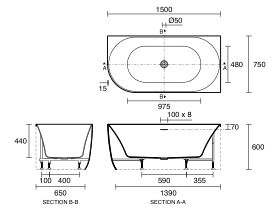 Technical Drawing - Posh Solus Back to Corner Freestanding Bath 1500mm Right Corner with Overflow