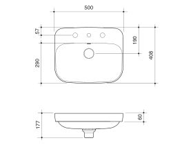 Technical Drawing - Caroma Forma II 500mm Inset Tap Landing Three Tapholes with Overflow Gloss White