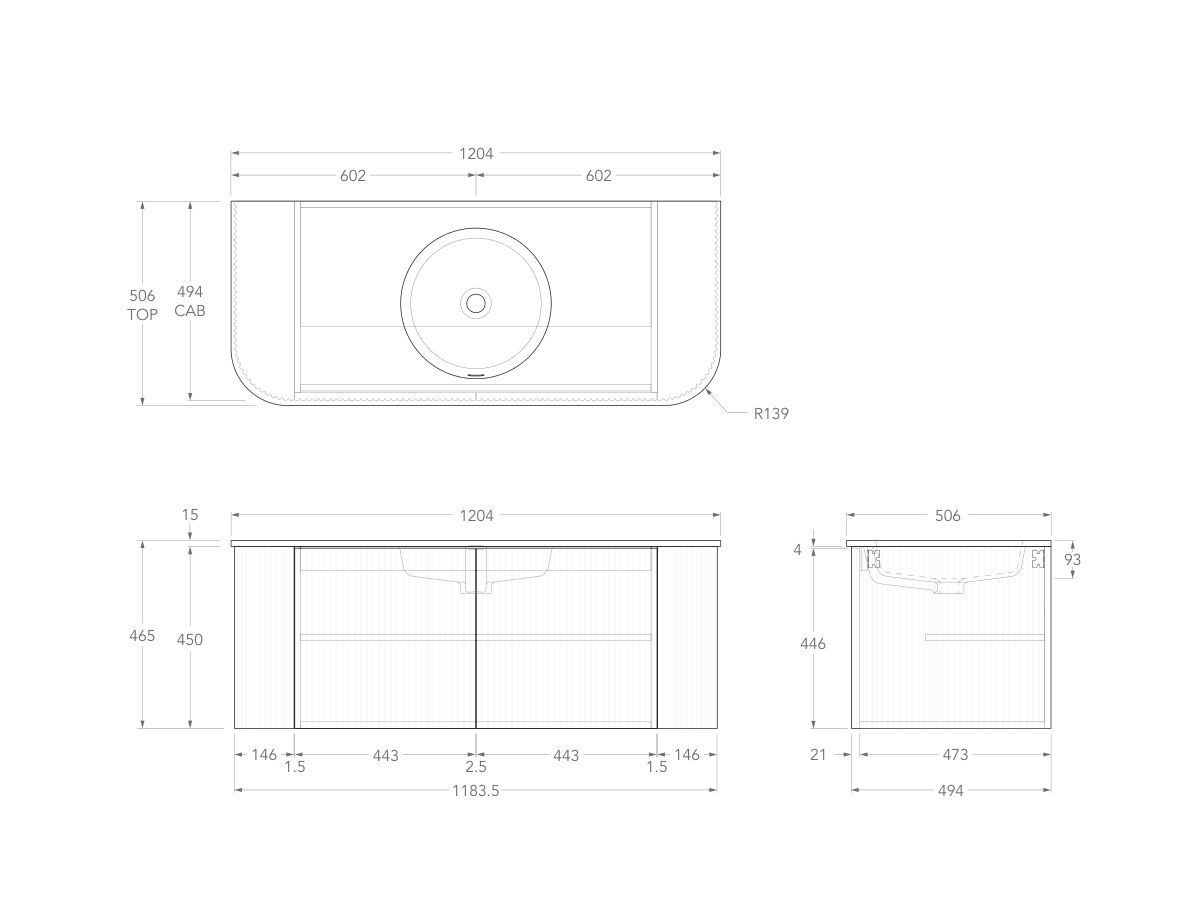 Technical Drawing - Kado Neue Fluted Double Curve All Door 1200mm Wall Hung Vanity Centre Basin Matte White Ceramic Top