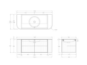 Technical Drawing - Kado Neue Fluted Double Curve All Door 1200mm Wall Hung Vanity Centre Basin Matte White Ceramic Top