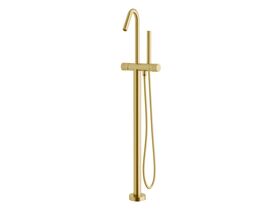 Sussex Pure Floor Mounted Bath Mixer Tap with Handshower and Linear Textured Handle PVD Brushed Gold (3 Star)