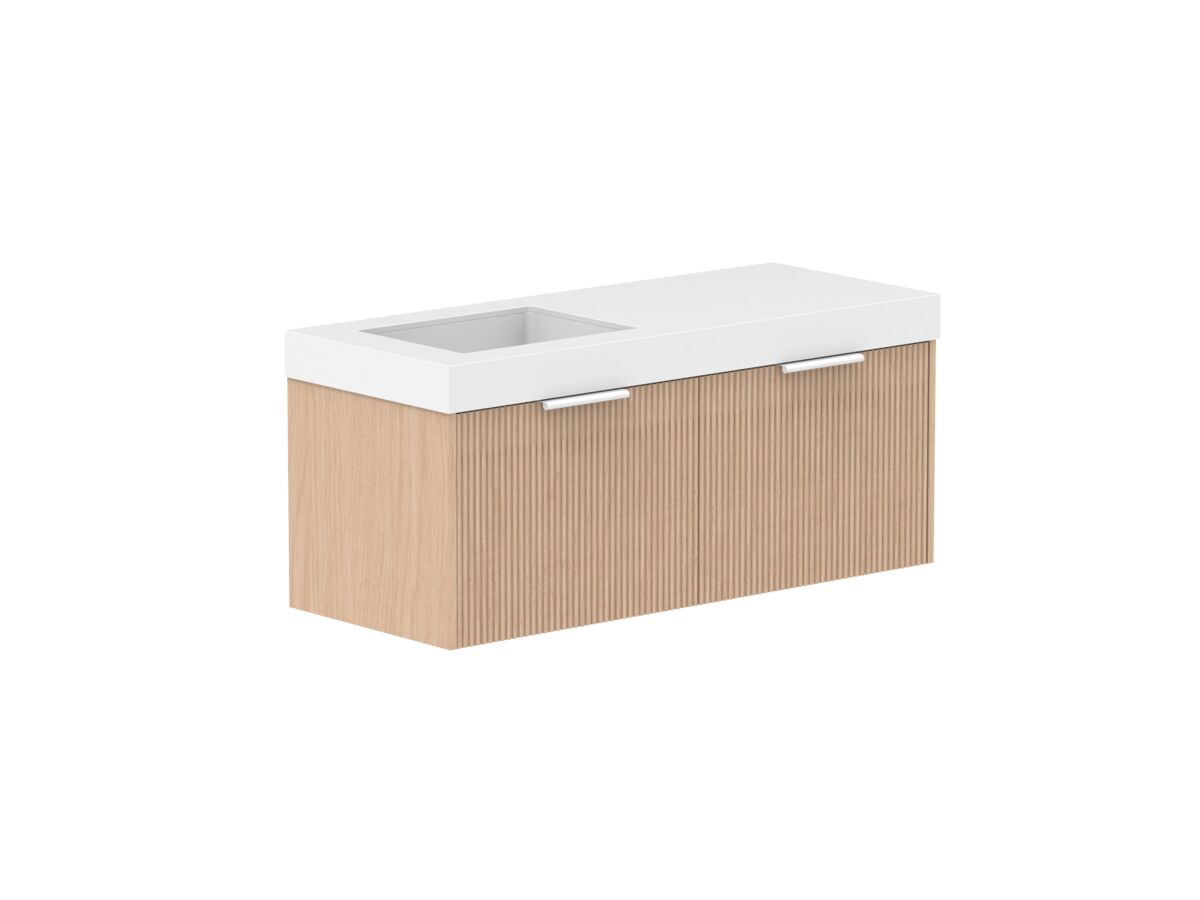 Supporting Image 2- Kado Neue Fluted Square All Drawer 1200mm Wall Hung Vanity with Left Hand Basin 90mm Top Blonde Oak