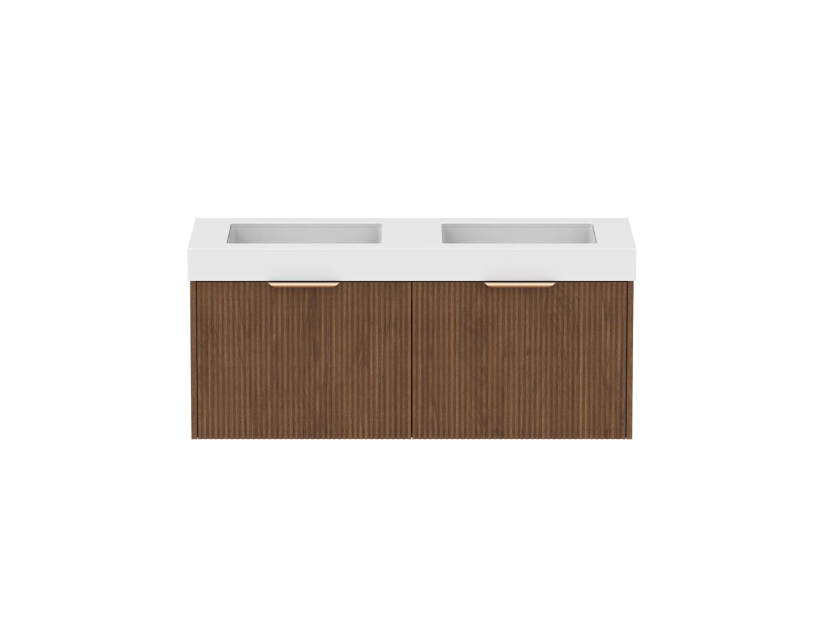 Supporting Image - Kado Neue Fluted Square 1200mm Wall Hung Vanity with Double Basin 90mm Top Florentine Walnut