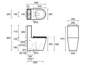 Technical Drawing - Kado Lux Close Coupled Back To Wall Rimless Plus Overheight Bottom Inlet Toilet Suite with Thin Soft Close Quick Release Seat White (4 Star)