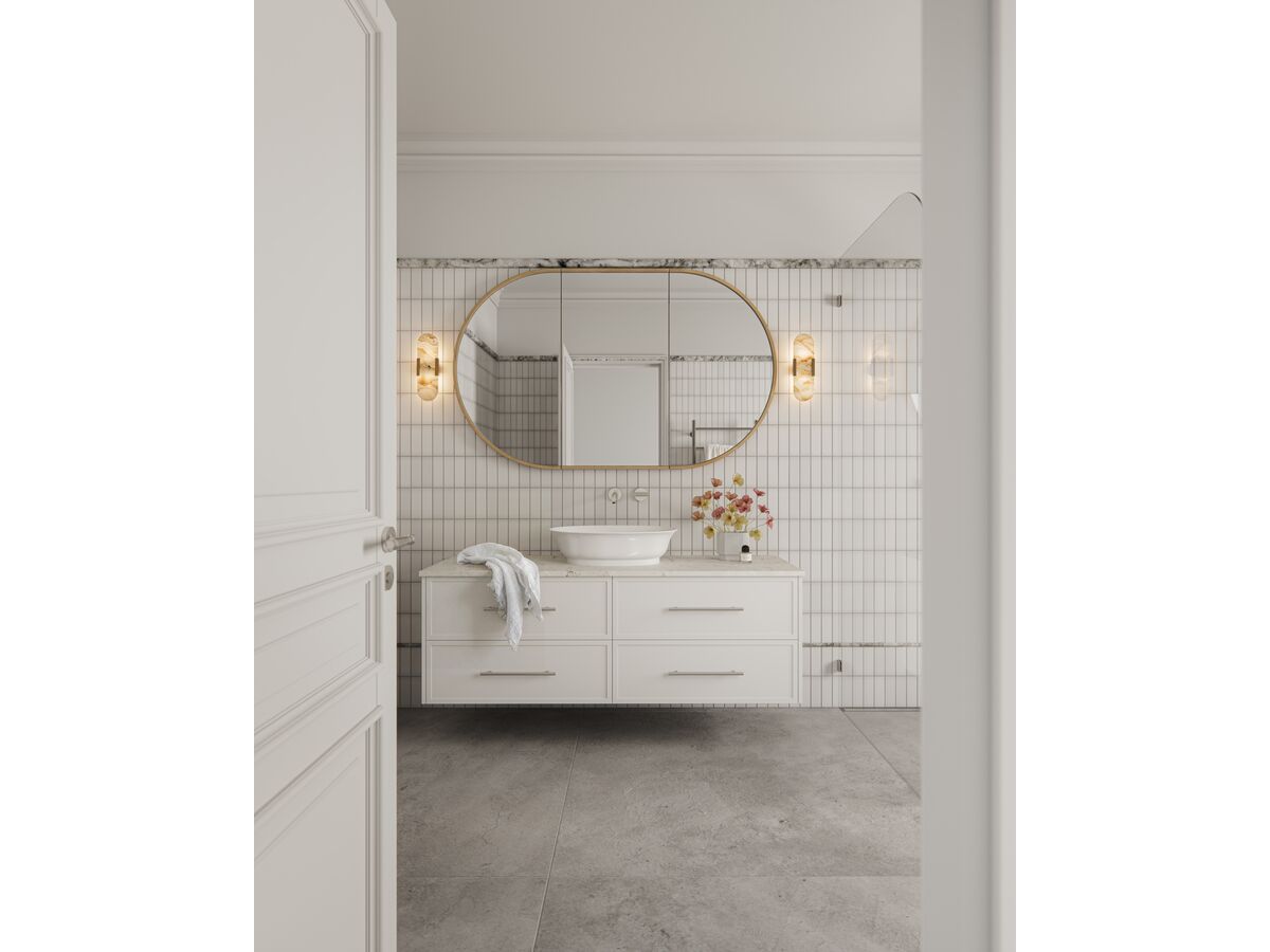 In Situ - Bathroom with LAUFEN The New Classic Basin, Milli Etch Tapware, ISSY Halo Mirror Cabinet and Kado Lux Vanity