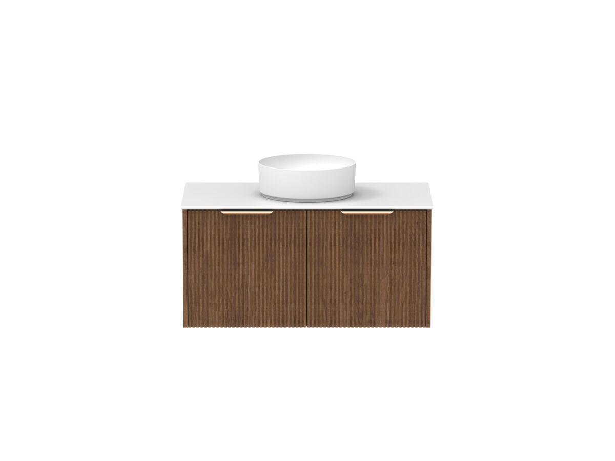 Supporting Image - Kado Neue Fluted Square All Drawer 900mm Wall Hung Vanity with Centre Basin Durasein 12mm Top Florentine Walnut