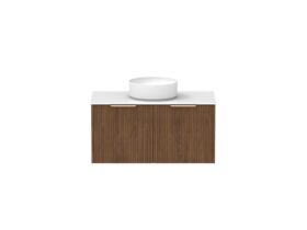 Supporting Image - Kado Neue Fluted Square All Drawer 900mm Wall Hung Vanity with Centre Basin Durasein 12mm Top Florentine Walnut