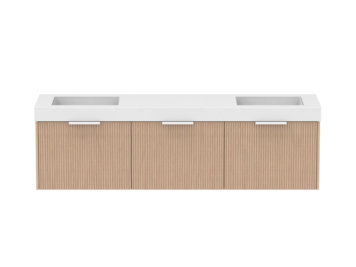 Supporting Image - Kado Neue Fluted Square All Drawer 1800mm Wall Hung Vanity with Double Basin 90mm Top Blonde Oak