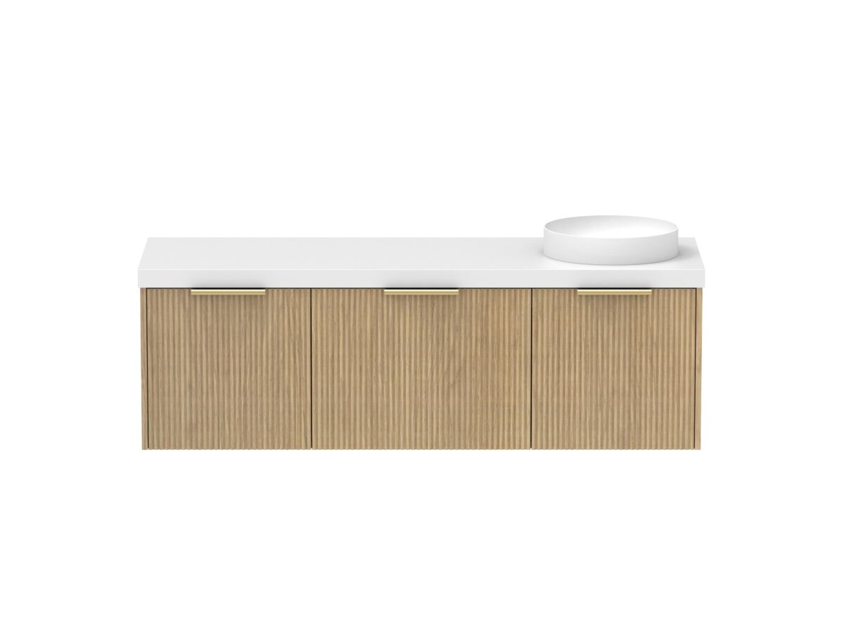 Supporting Image - Kado Neue Fluted Square All Drawer 1500mm Wall Hung Vanity with Right Hand Basin 50mm Top Boston Oak