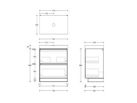 Technical Drawing - Posh Domaine All-Drawer Twin 750mm Floor Mounted Vanity Unit 90mm Top