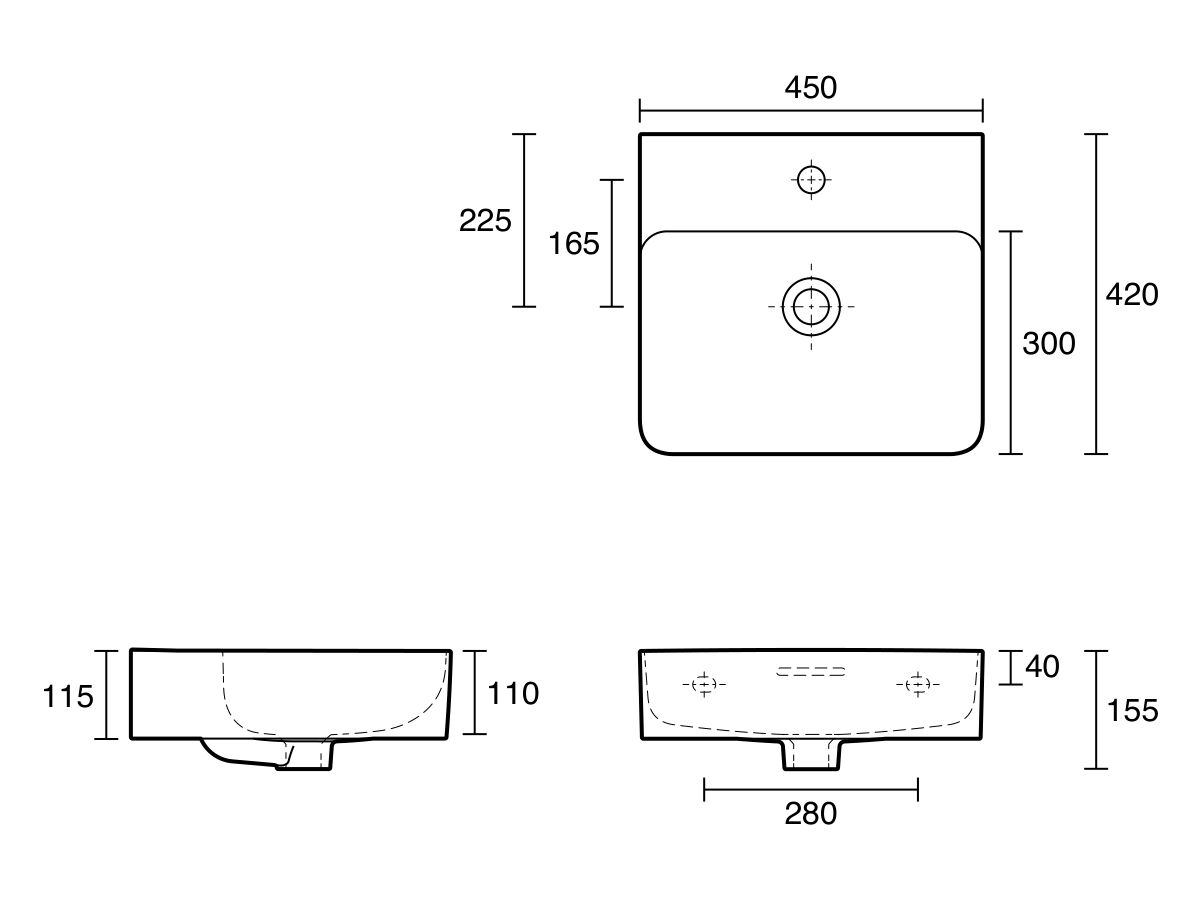 Technical Drawing - LAUFEN Val Wall Basin 450mm x 420mm 1 Taphole with Overflow