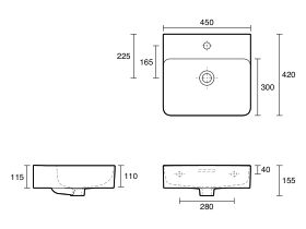 Technical Drawing - LAUFEN Val Wall Basin 450mm x 420mm 1 Taphole with Overflow