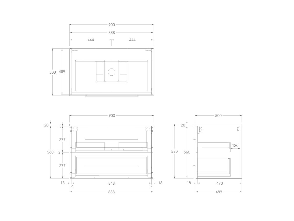 Kado Lux Wall Hung 900mm 2 Drawer Single Centre Vanity (No Basin)