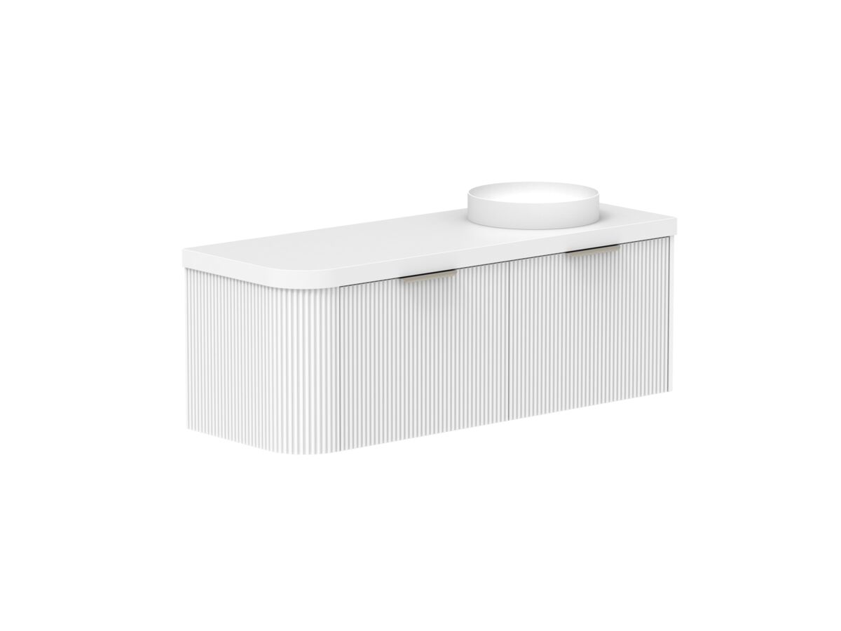 Supporting Image 2- Kado Neue Fluted Single Curve All Drawer 1350mm Wall Hung Vanity with Right Hand Basin Durasein 50mm Top Ultra White