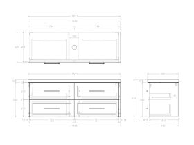 Technical Drawing - Kado Lux 1500mm All Drawer Wall Hung Vanity Unit 4 Drawers Single Bowl Vanity 50mm Top