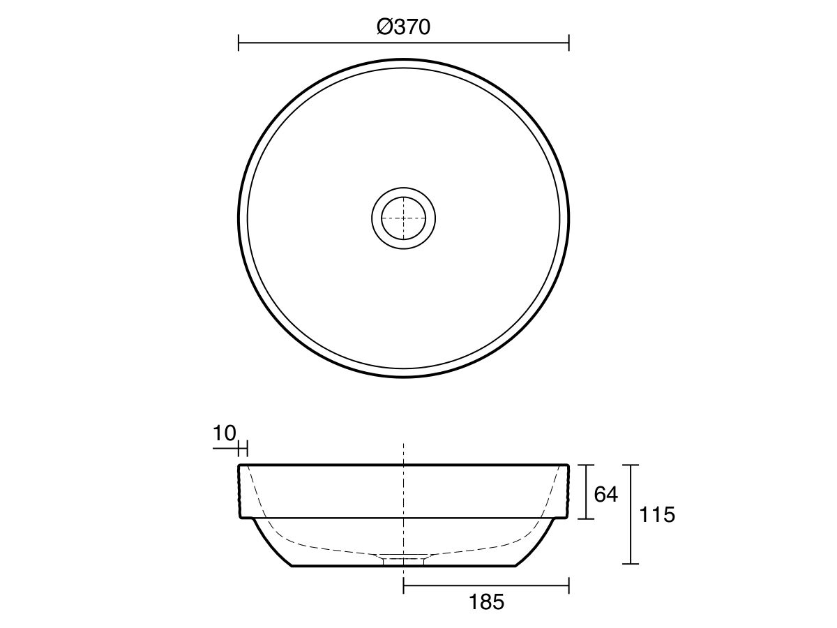 Technical Drawing - Robert Gordon Potters 370mm Semi Inset Basin