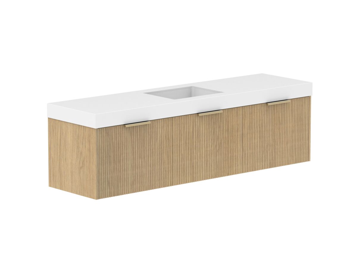 Supporting Image 2- Kado Neue Fluted Square All Drawer 1800mm Wall Hung Vanity with Centre Basin 90mm Top Boston Oak
