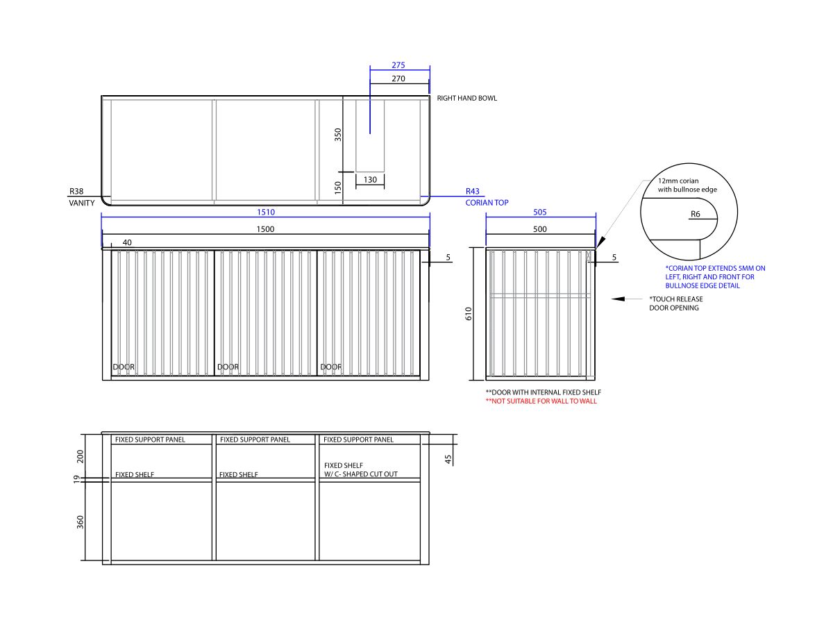 ISSY Cloud I 1500mm x 500mm x 610mm Wall Hung Vanity Unit 3 Touch Latch Doors Semi Inset (No Basin)