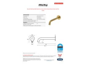 Specification Sheet - Mizu Drift Wall Basin/Bath Outlet Curve Spout 250mm Brushed Brass (6 Star) Lead Free