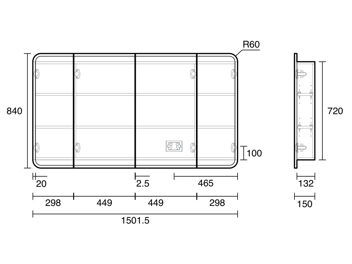 Technical Drawing - Kado Lux Framed 4 Door Centre Mirror Shaving Cabinet 1500mm x 840mm