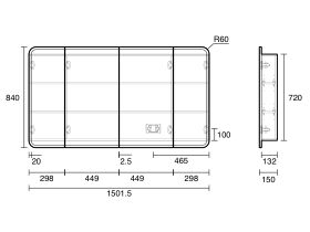 Technical Drawing - Kado Lux Framed 4 Door Centre Mirror Shaving Cabinet 1500mm x 840mm